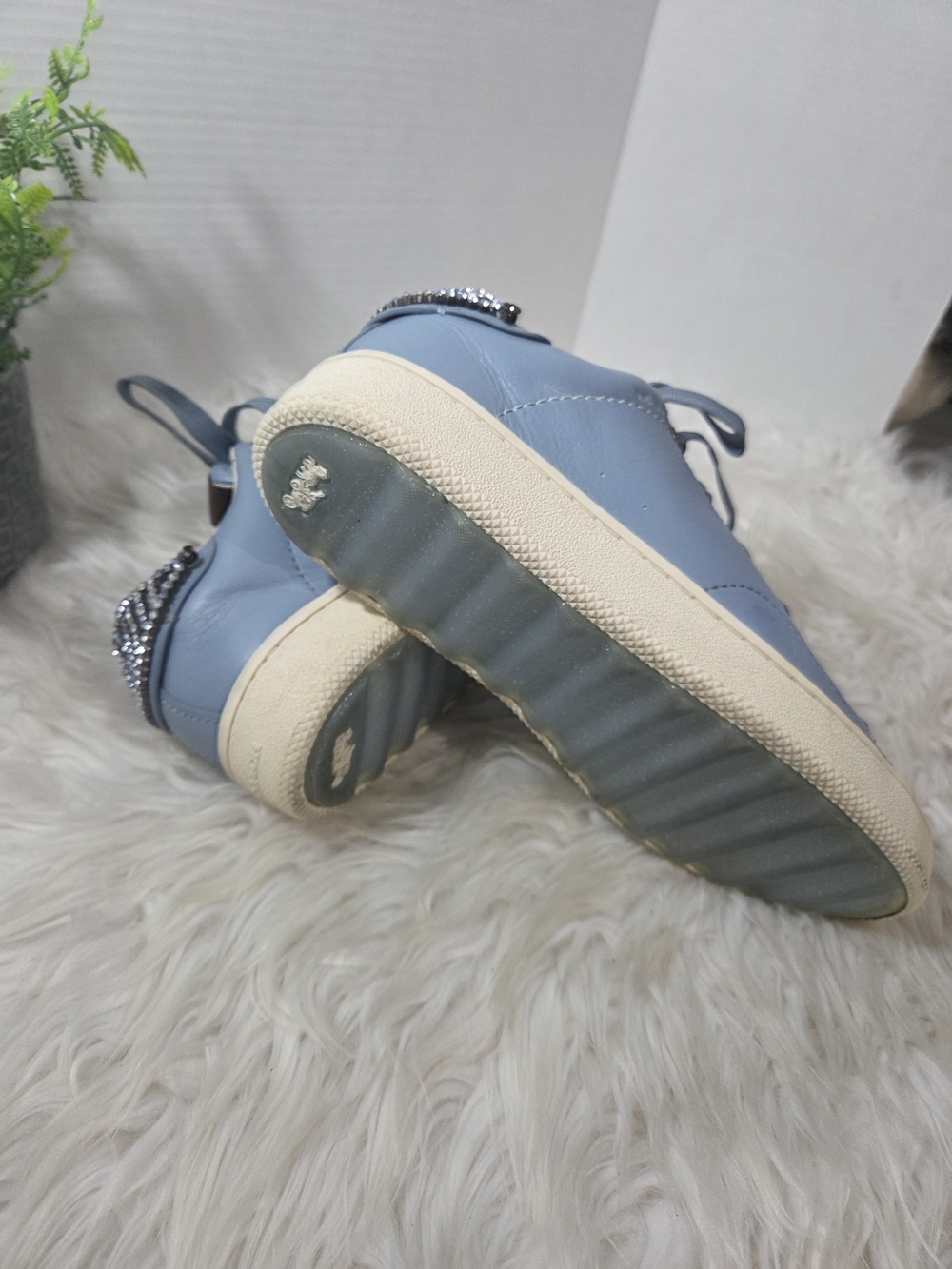 Coach Women Blue Rhinestone Embellished Leather Sneakers/ Crystal Bow Accent 10B - Picture 13 of 16